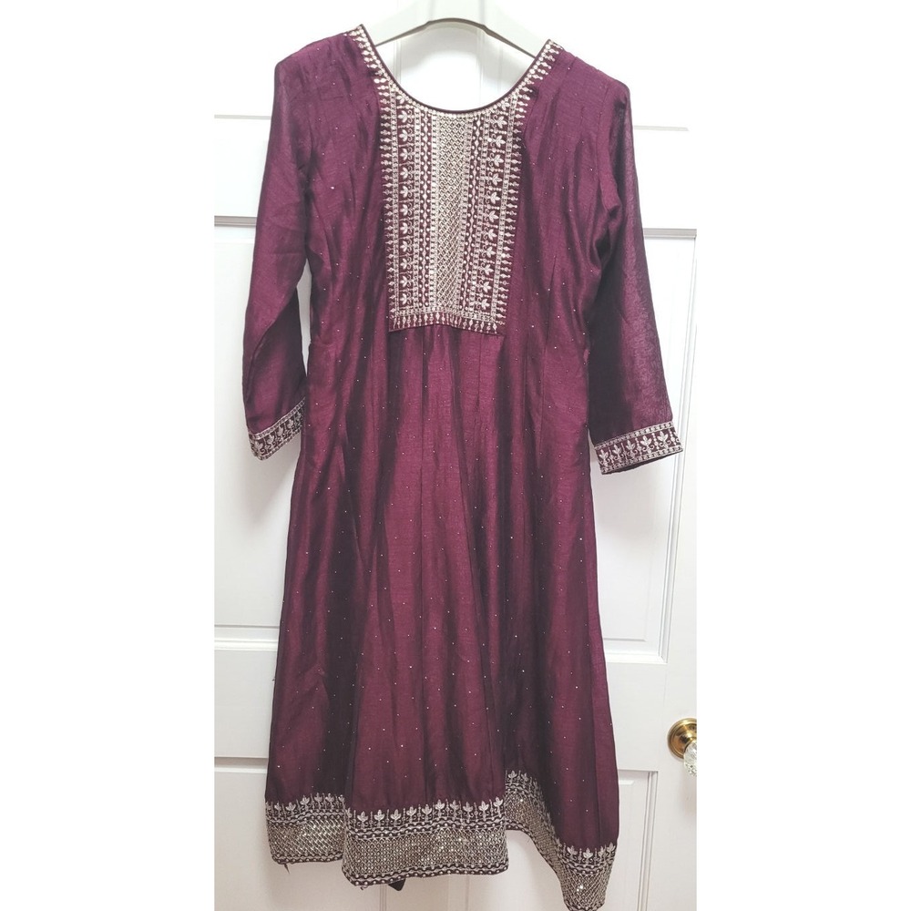 Shivali Women's Pakistani 3pc Silk & Organza Dress Kurta Set - Dark Maroon - XL